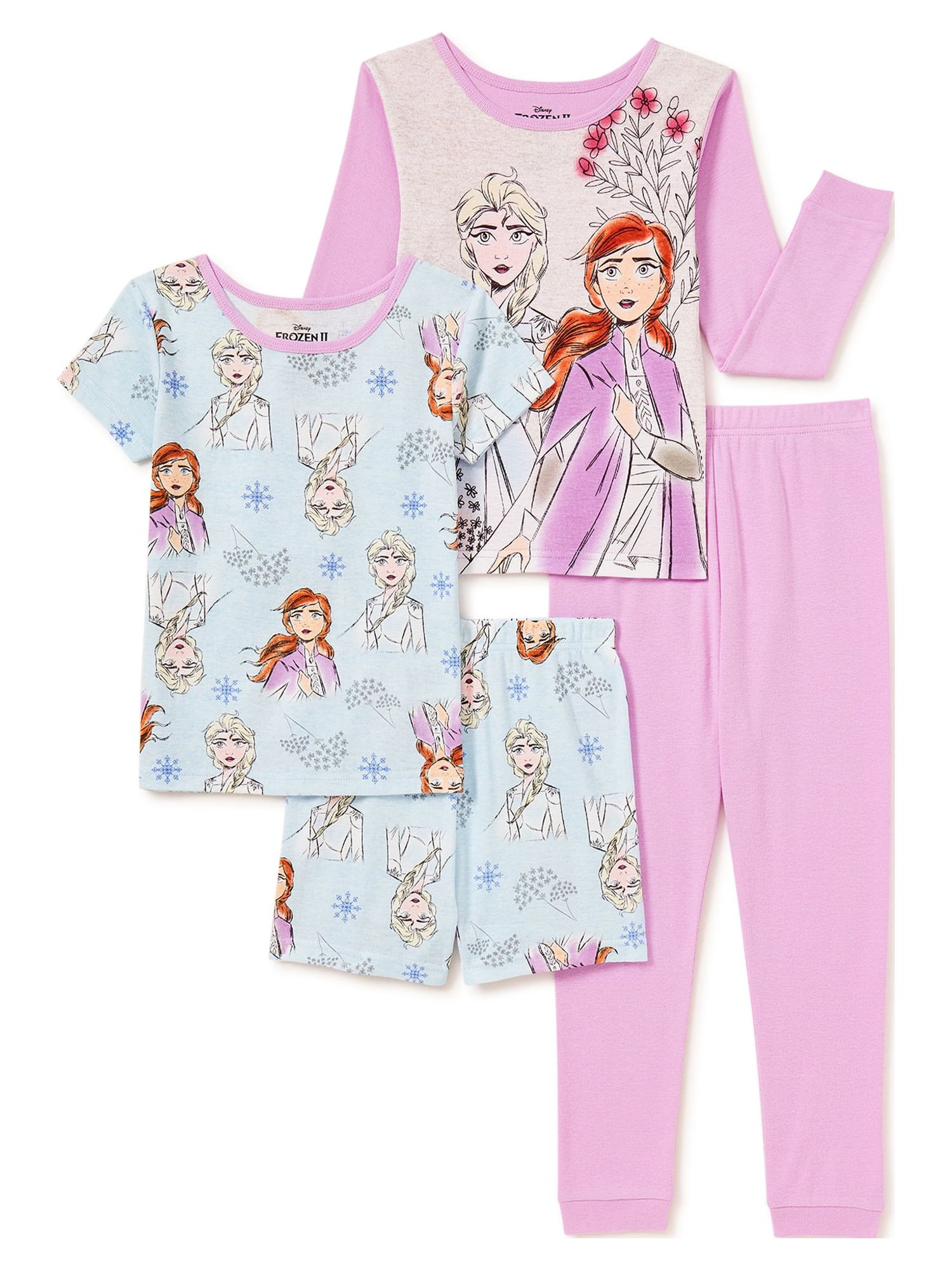 Disney Frozen 2 Girls Sleep Shirts, Shorts and Pants, 4-Piece Pajama Set, Sizes 4-10
